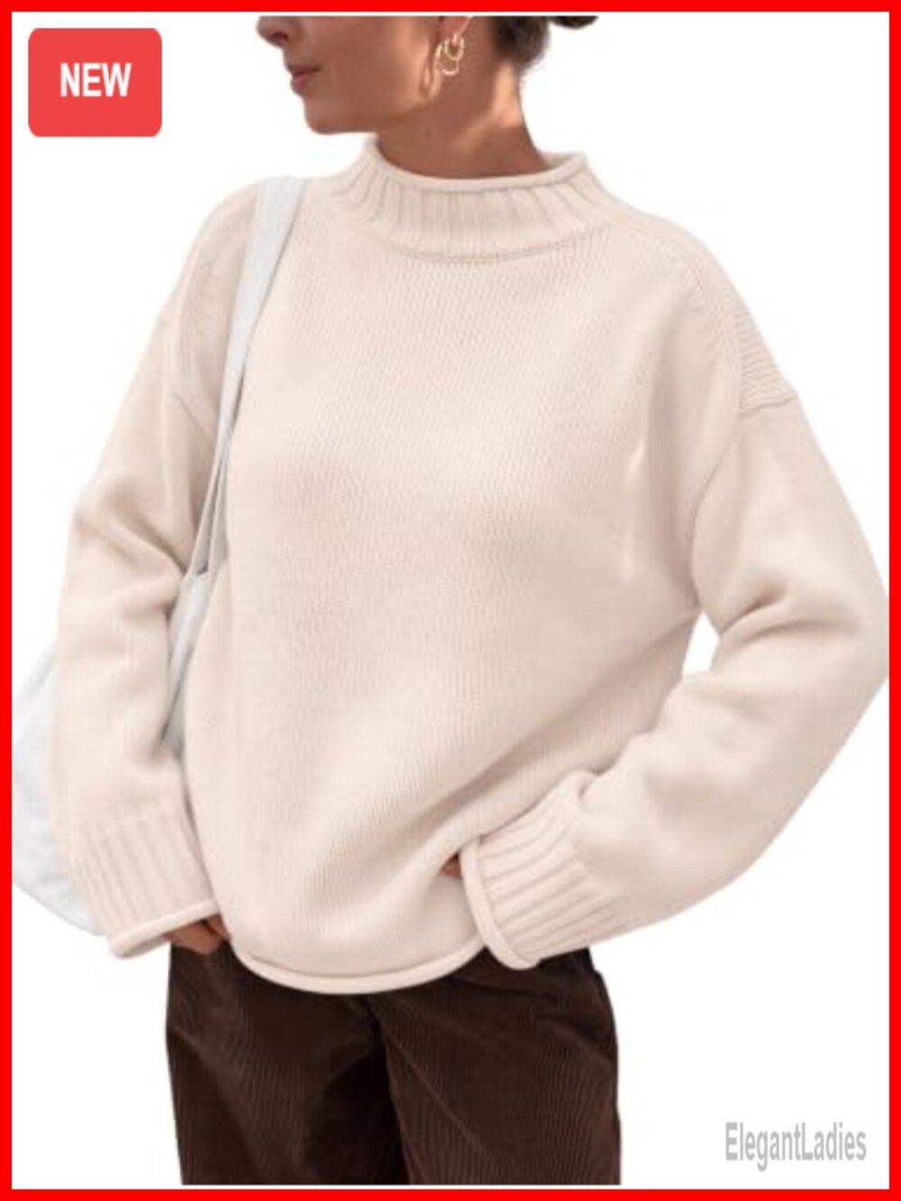 Oversized Mock Neck Sweater Cotton Blend Knit Pullover